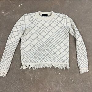 Ivanka Trump Women's Sweater Soft White Pullover Fringe Trim XS